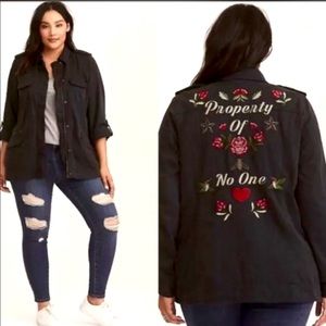 Torrid Black Embroidered Property of No One jacket roll sleeves size 1/1X NWOT